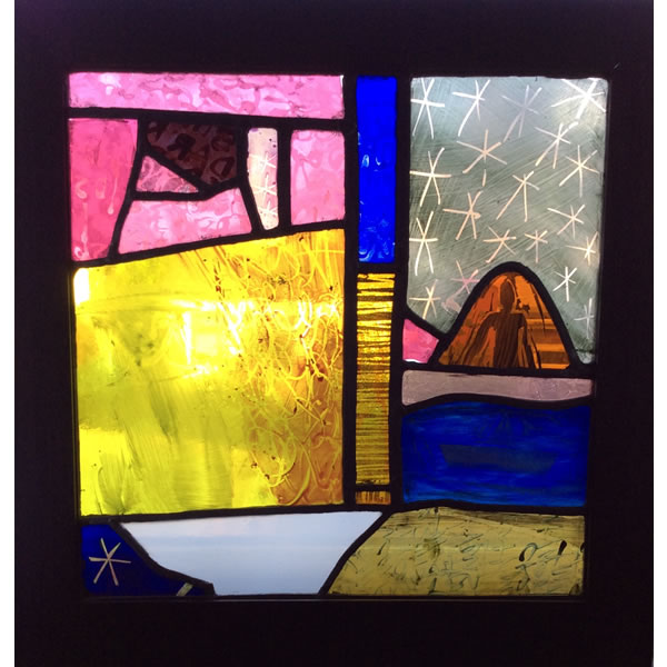 Out of the Desert With a Paper Boat - Stained glass etched and painted with silver stain