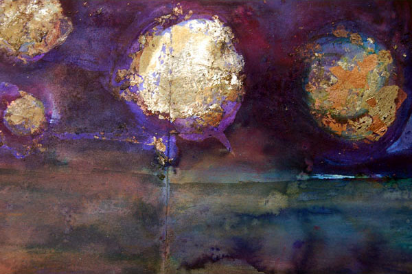 Lorca and the four moons 2 - Watercolour, gold, silver leaf, and inks